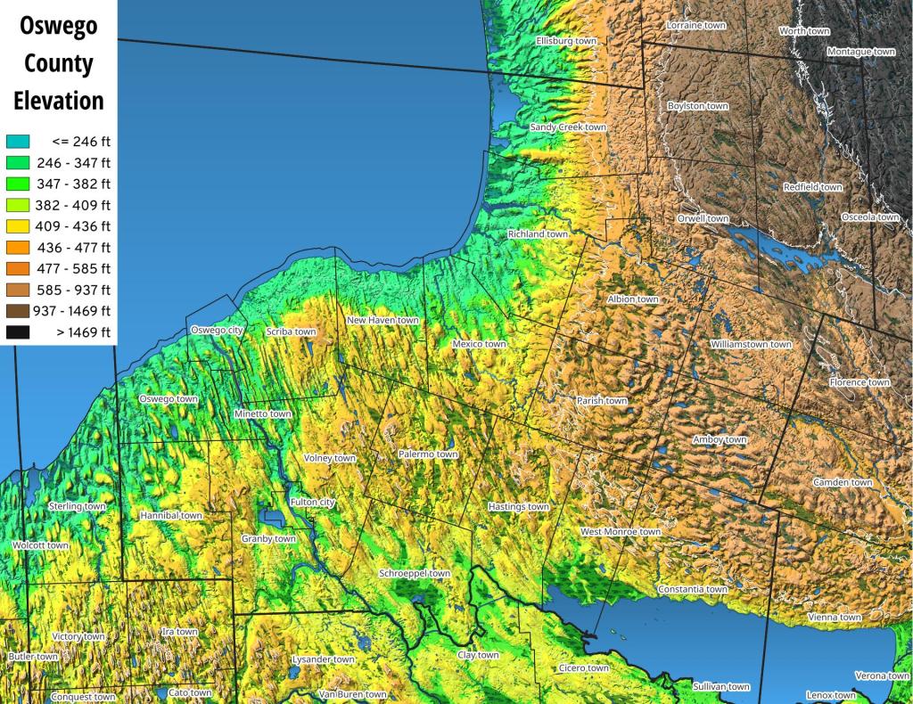 Oswego County Elevation and Terrian Map