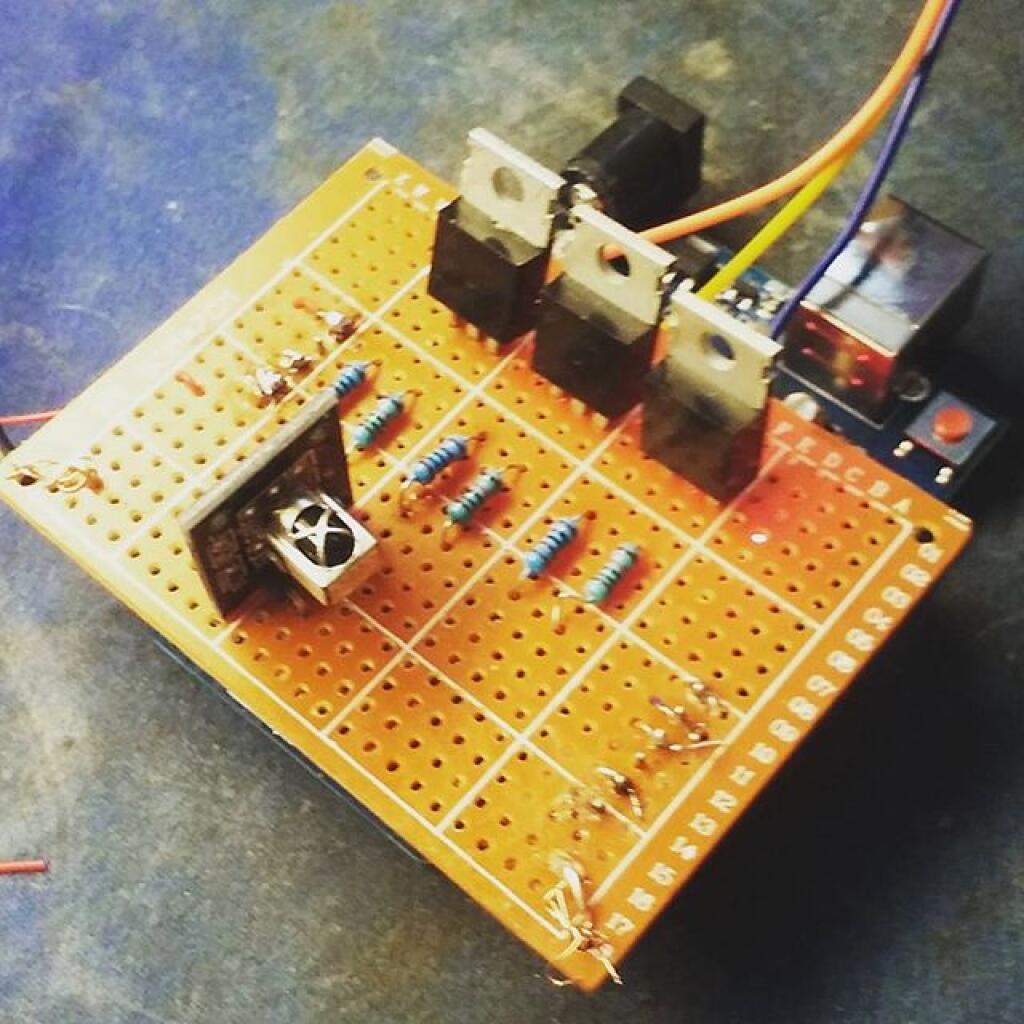 Photo: LED Driver built on perfboard as Arduino shield Photo: LED Driver built on perfboard as Arduino shield