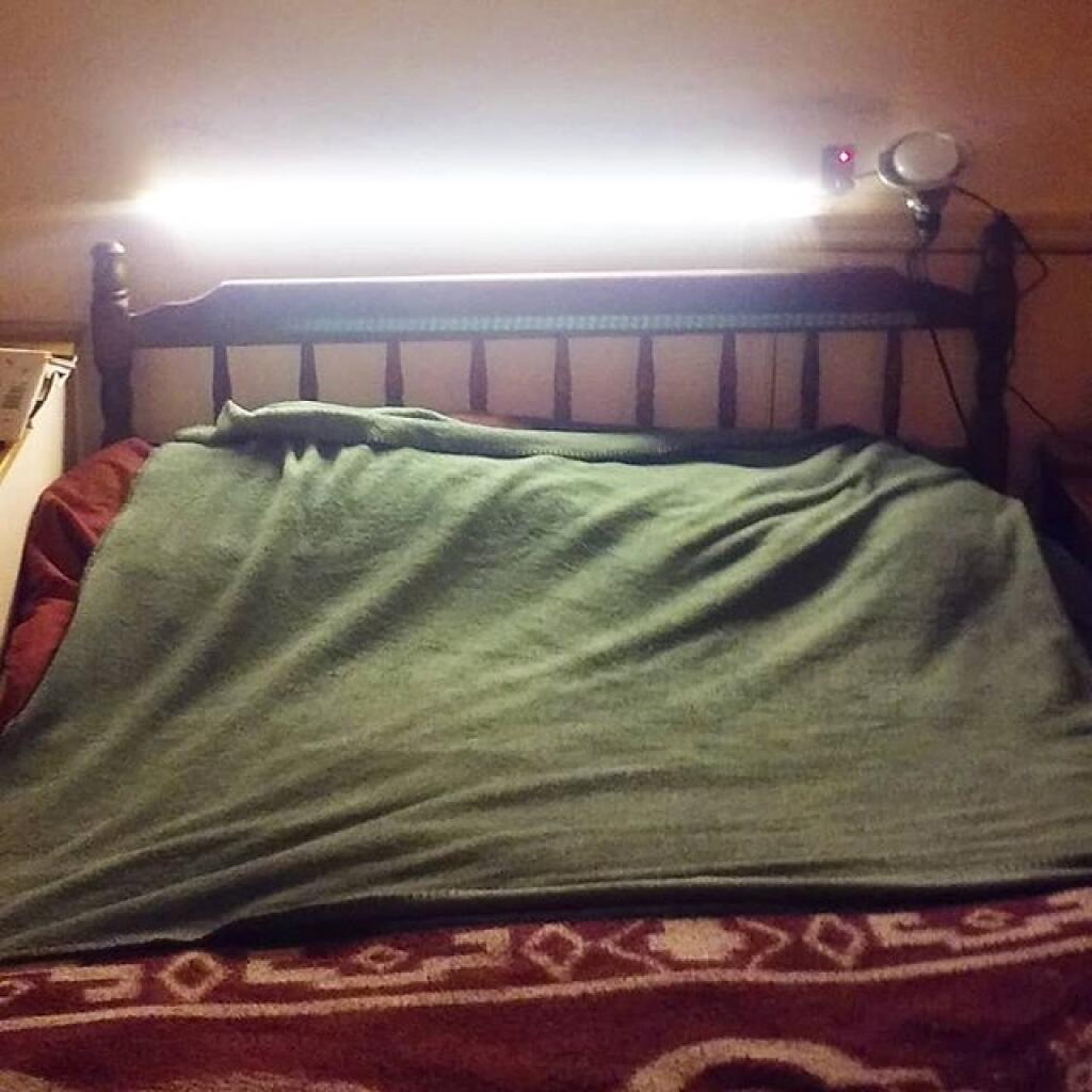 Photo: Smart Bluetooth lamp I built over my bed. My phone turns it on and off, dims it. Photo: Smart Bluetooth lamp I built over my bed. My phone turns it on and off, dims it.